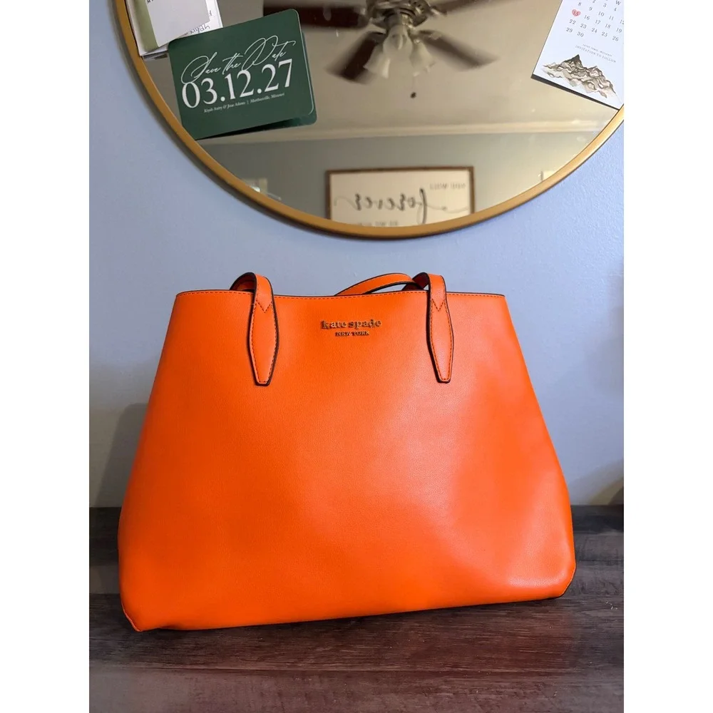 Kate Spade New York Orange Leather Tote Bag Shoulder Purse Gold Logo